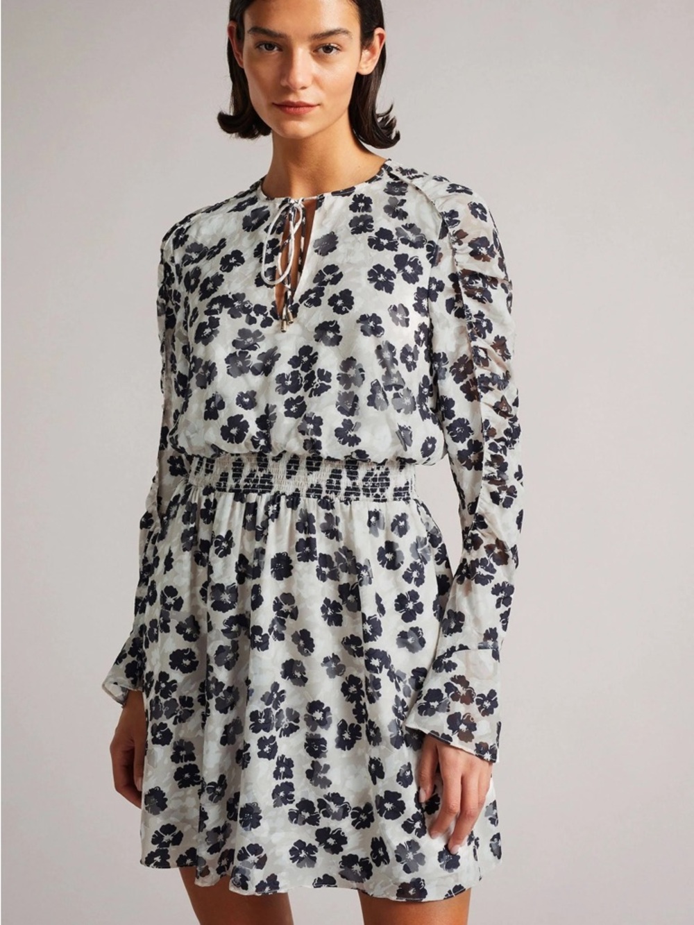 NWT Ted Baker London Felici Ruched Detail Grey Floral Mini Dress Size 10